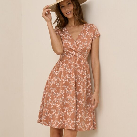 PACT Organic Cotton Women's Bouquet Blooms Ochre Fit & Flare Crossover Dress - Picture 1 of 6